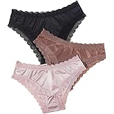 SHENHE Women's 3 Pack Satin Panties Lace Trim Low Rise Underwear Breathable Smooth Briefs