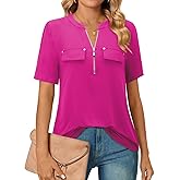 Bulotus Women's Zip Front V-Neck Short Sleeve Work Casual Top Blouse Shirt (Solid and Plaid)