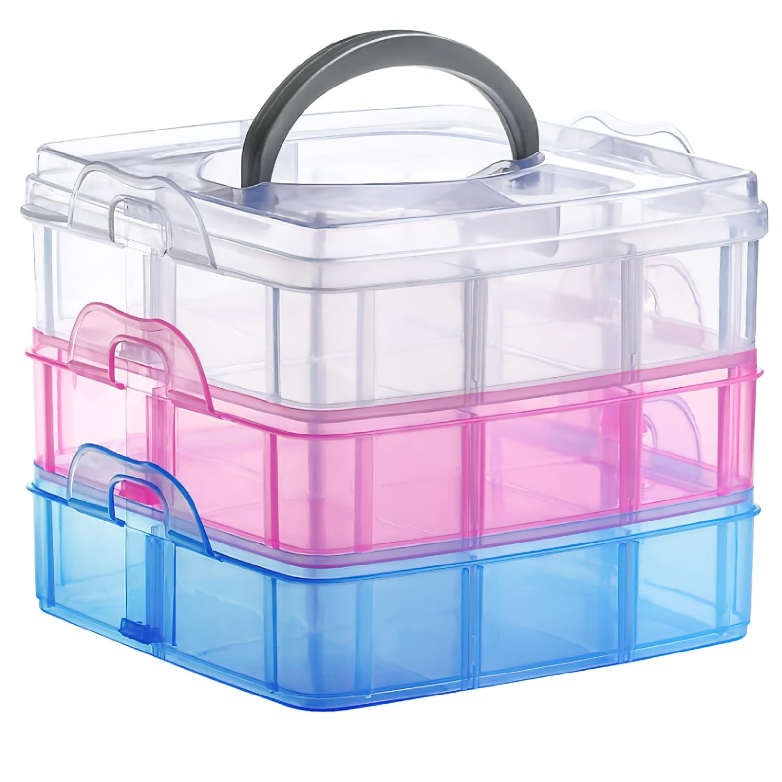 3-Tier Craft Storage Box, Adjustable Storage Box with 18 Compartments, Plastic Detachable Storage Space Box, Transparent Divider Organizer with Handle, Stackable Tiered Box for Stationery Jewelry