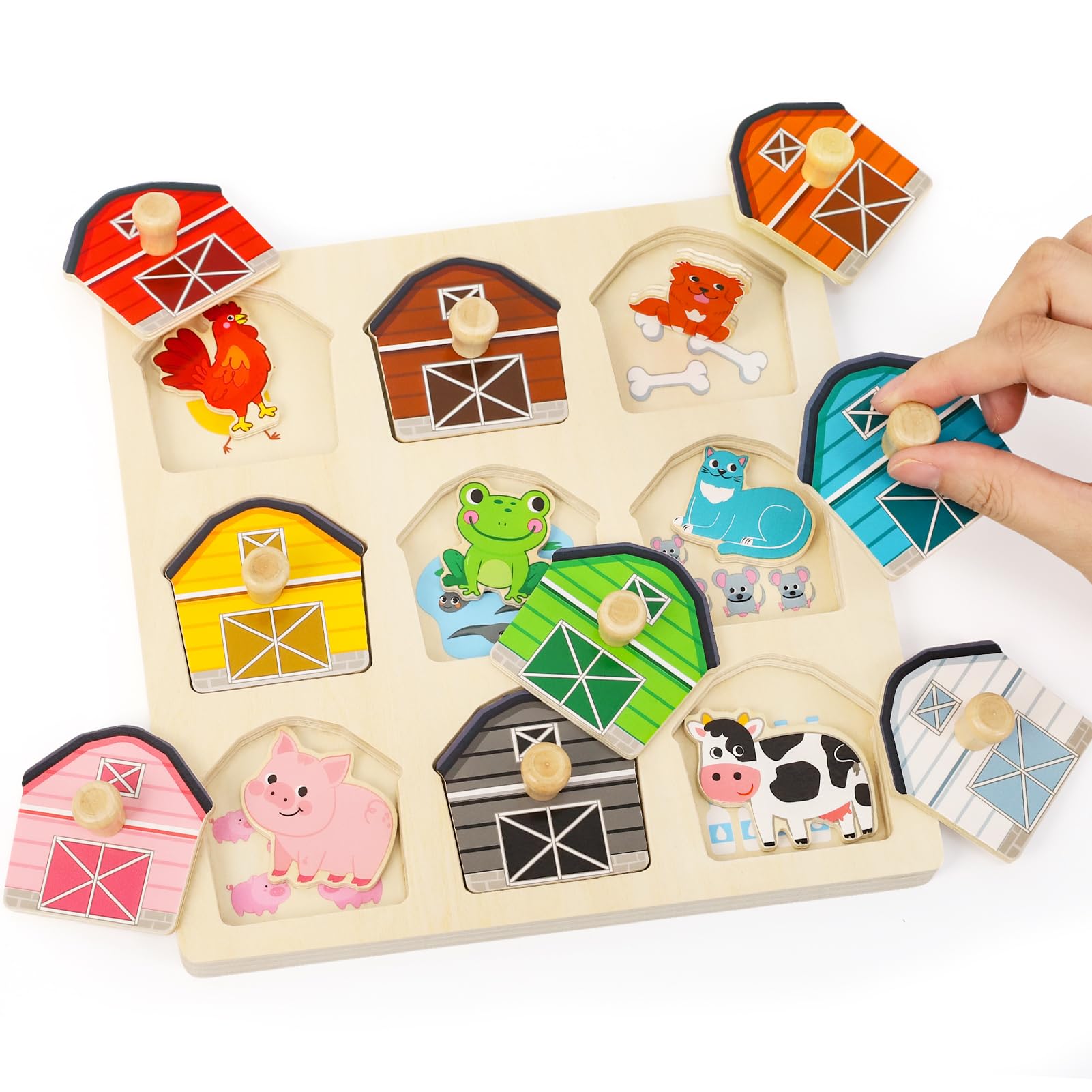 LZDMY Baby Montessori Wooden Peg Puzzles Toys for 1 2 3 Year Old, Toddlers Sensory Toy Farm Animals Puzzles Motor Skill Sorting Game, Boys Girls 1st Birthday Gifts