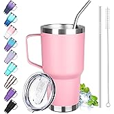 GUDEMAO 30 oz Stainless Steel Tumbler with Handle, Double Wall Vacuum Insulated Coffee Mug Tumbler with Lid and Straw, Thermal Cup for Cold and Hot (Pink)