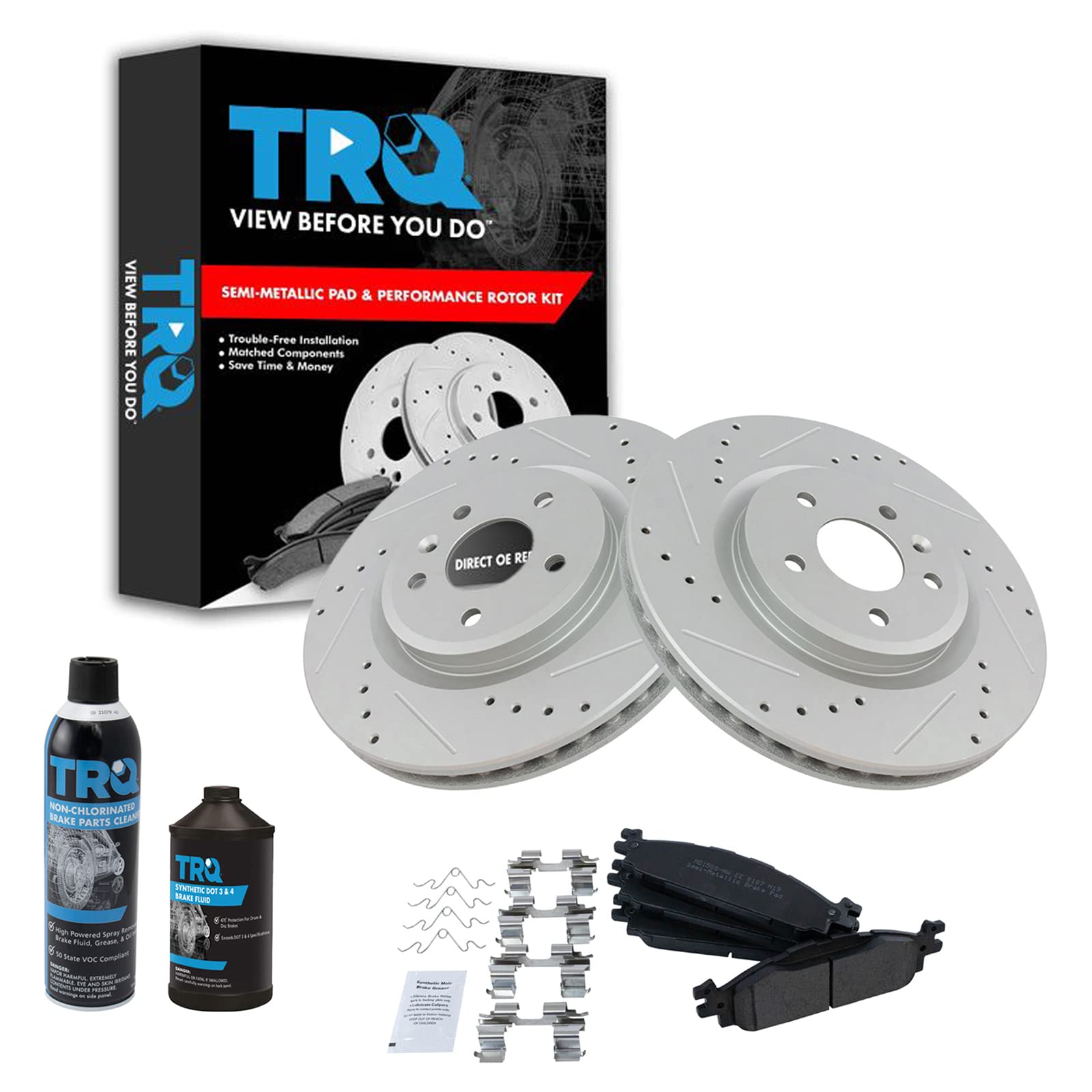 TRQ Front Brake Pad & Rotor Kit Premium G-Coated Semi-Metallic Performance Slotted X Drilled Compatible with 2011-2019 Ford Explorer 2009-2019 Flex 2010-2019 Taurus 2009-2012 Lincoln MKS MKT Image