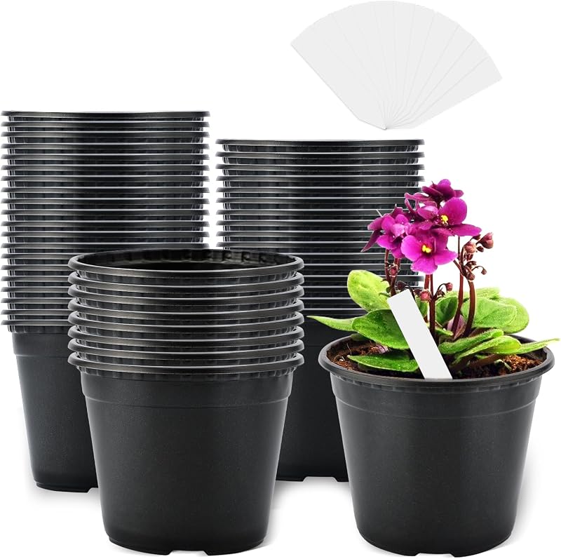 KINGLAKE 50Pcs 10 cm Black Plastic Plant Pots & 100 Pcs White Plant Labels