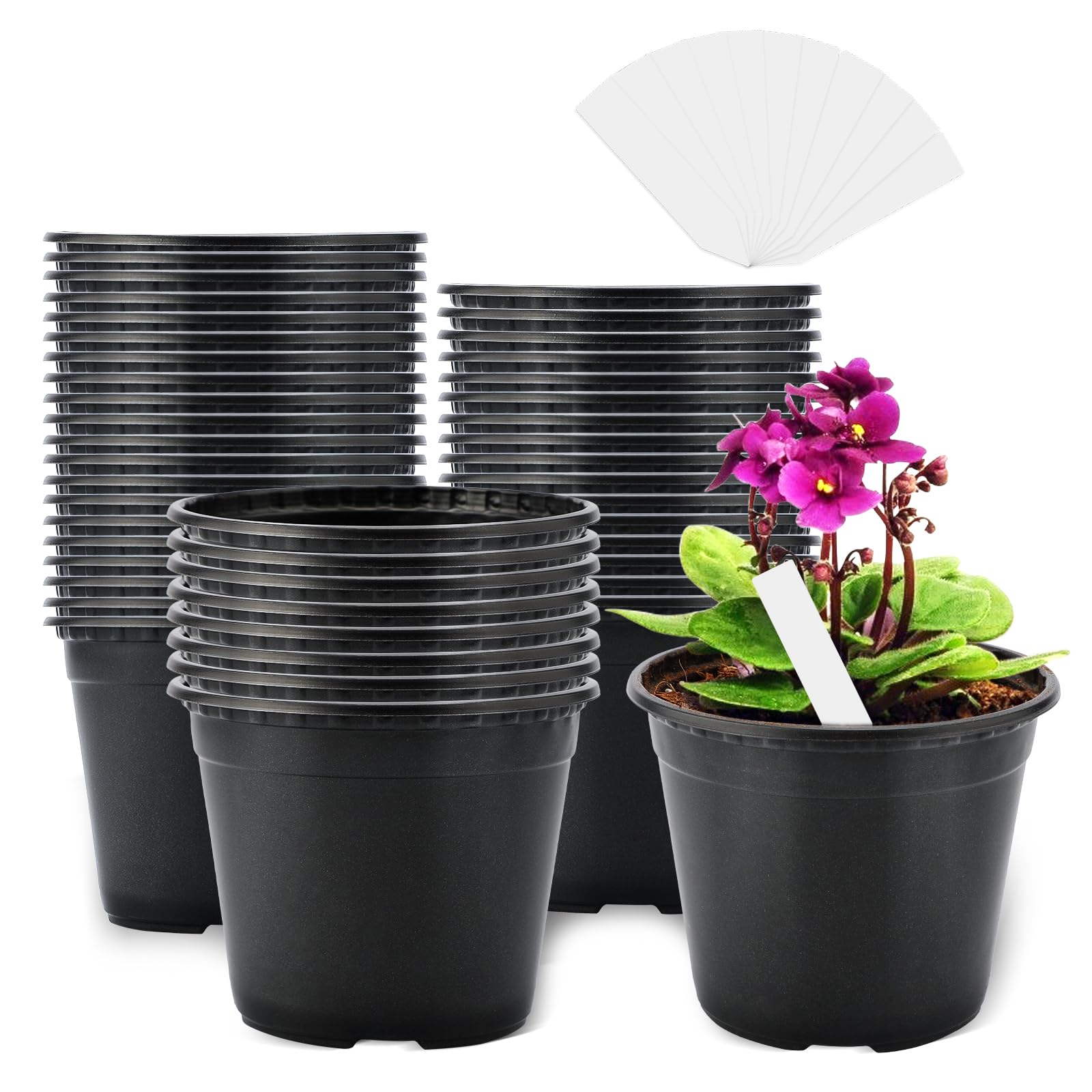 KINGLAKE 50Pcs 10CM Black Plant Pots Plastic Flower Pots Seedlings Seed Pots and 100 Pcs White Plastic Plant Labels