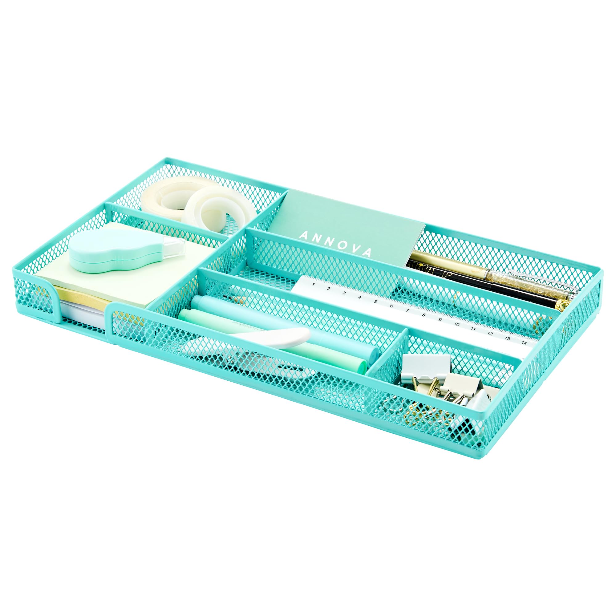 Annova Desk Drawer Organizer Tray for Office Organization - Metal Mesh - Storage Tray with Dividers for Pens, Desktop Accessories, Bathroom, Kitchen, Makeup and Office Supplies (Turquoise)