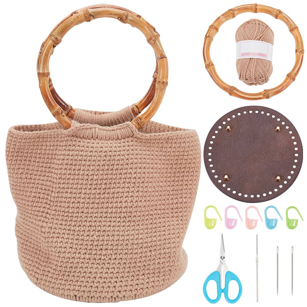 FREEBLOSS DIY Bamboo Handle Handbag Crochet Kit Crochet Bag Kit Including All Crochet Accessories Crochet Starter Kit for Beginners Crochet Yarn, Crochet Hook Crochet Gift