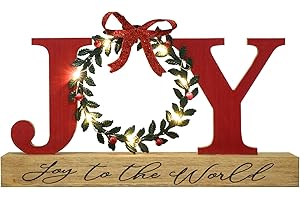 HOMIRABLE Christmas Decorations for Home LED Lighted Joy Sign with Timer Wreath Farmhouse Wooden Rustic Tabletop Decorative Sign Xmas Holiday Home Decor Indoor Room