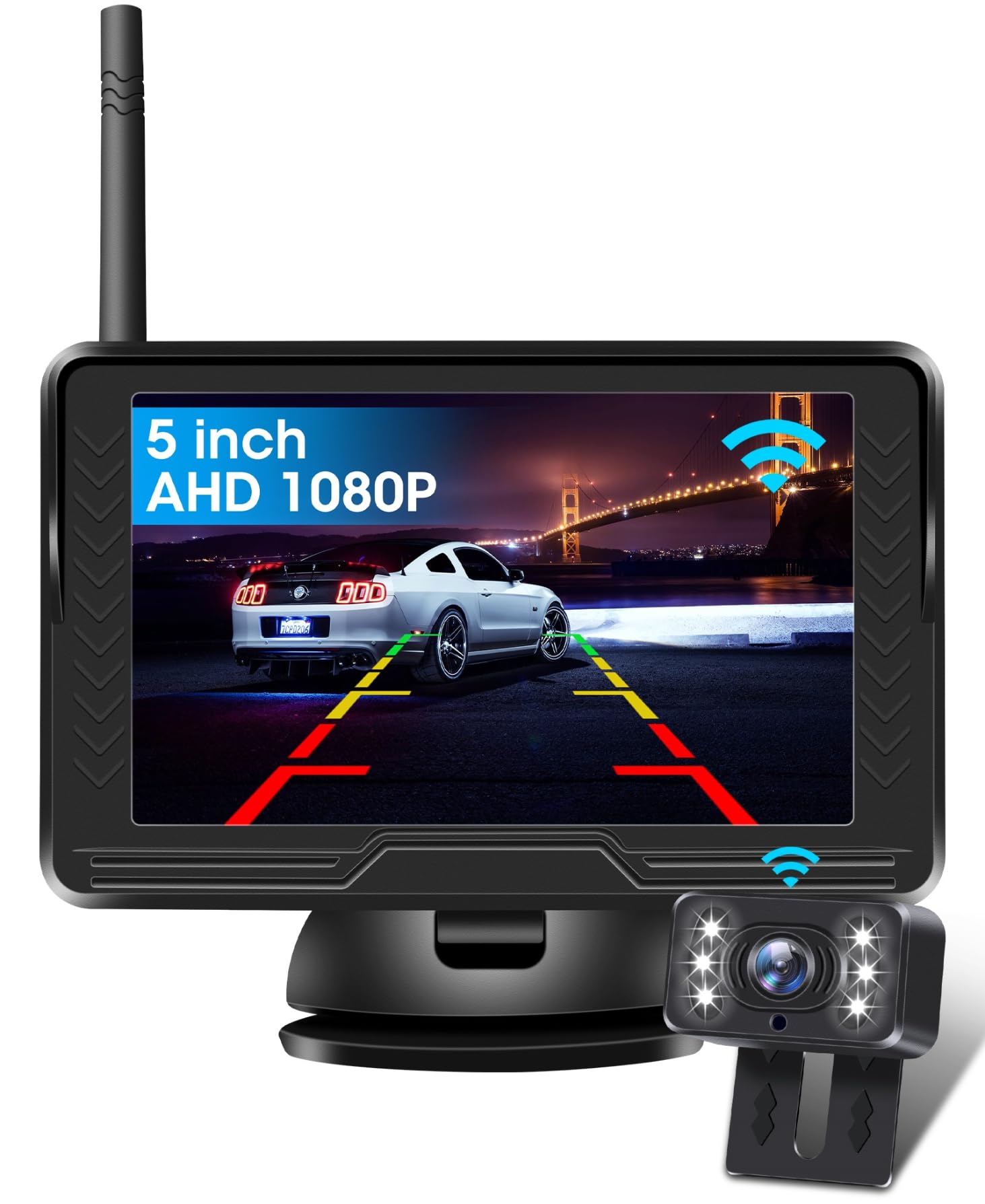 Jansite 【Stable Signal】Wireless Reverse Camera AHD 1080P Reversing Camera with 5 inch Monitor 6 LED Light 170° Wide Angle Reverse Camera Kit for Car Van Caravan IP69 Waterproof DIY Guide Line