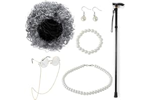 Antbutler Old Lady Costume Accessories,100 Year Old Costume, Grandma Wig with Glasses Cane Necklace Bracelet Earring for Kids
