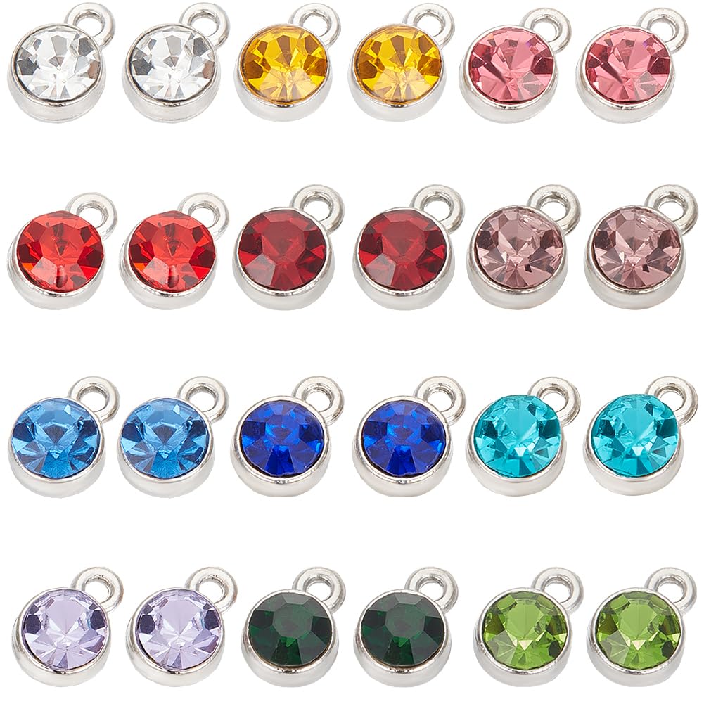 SUNNYCLUE 1 Box 12 Colors 72Pcs Birthstone Charms Bulk Round Crystal Charm Flat Round Glass Charm Alloy Rings Beads Charme for jewellery Making Charme Earrings Bracelets Necklaces DIY Crafting