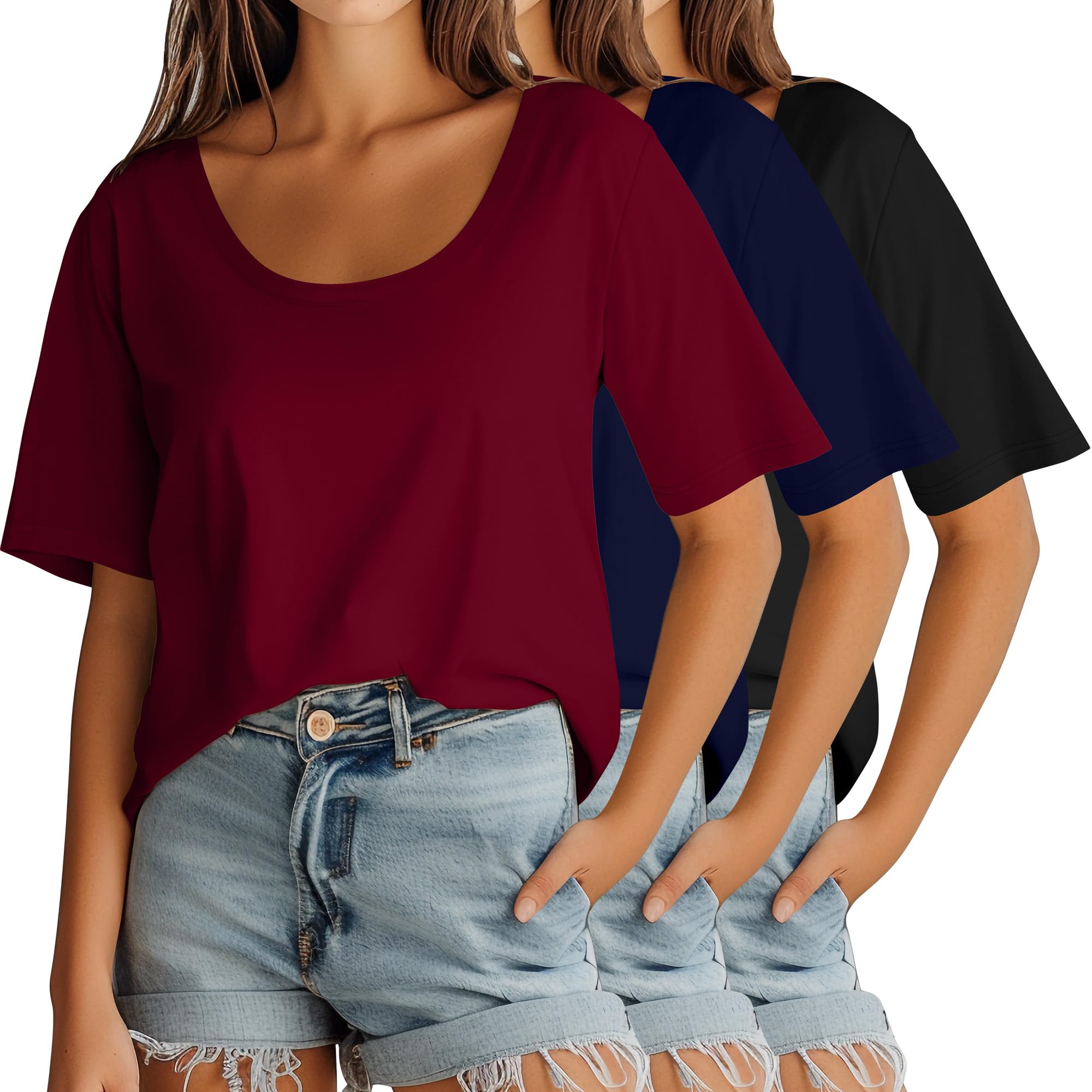 Photo 1 of **ONLY 2-MISSING THE BLACK SHIRT**Ficerd 3 Pack Scoop Neck Elbow Length Half Sleeve Tops for Women, 1/2 Sleeve T-Shirt Casual Summer Loose Basic Tees(Black, Navy Blue, Wine Red,Large)