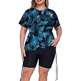 Inno Women's 2 Pcs Plus Size Rash Guard Set with Built-in Bra Zip Swim Top UPF 50+ Adjustable Ruched Side Swimsuit
