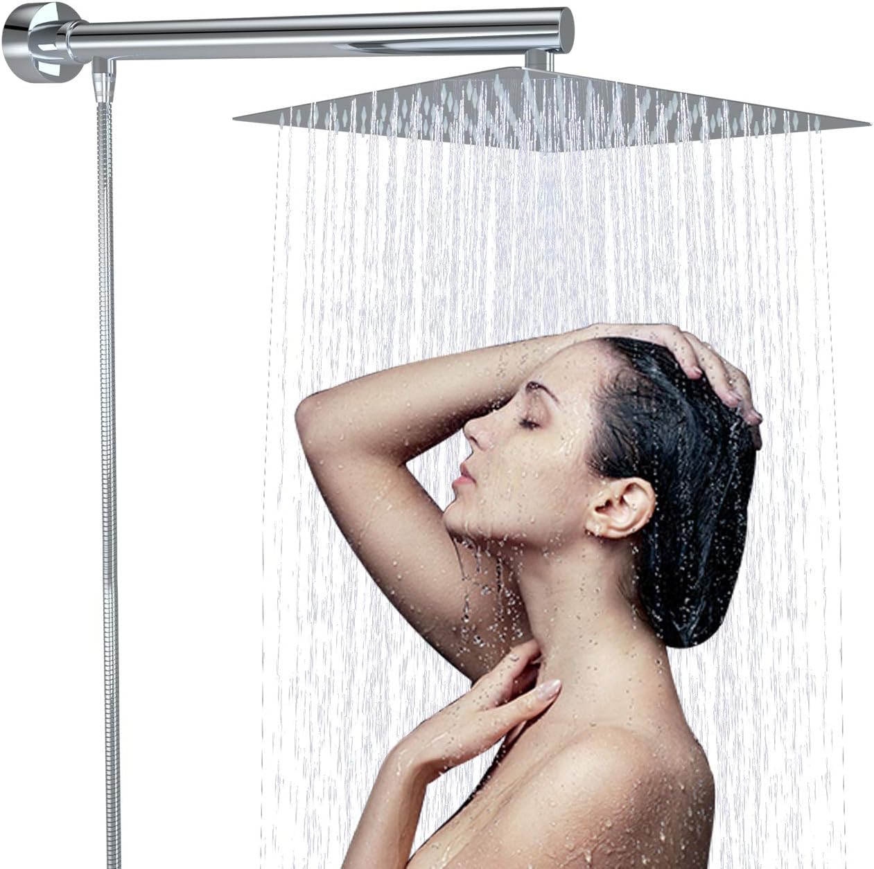 Onyzpily Shower Head Rain Shower with Wall Mount Chrome Rain Shower 30 x 30 cm Square Shower Head Built-in Shower Heads Stainless Steel Shower Head with Anti-Limescale