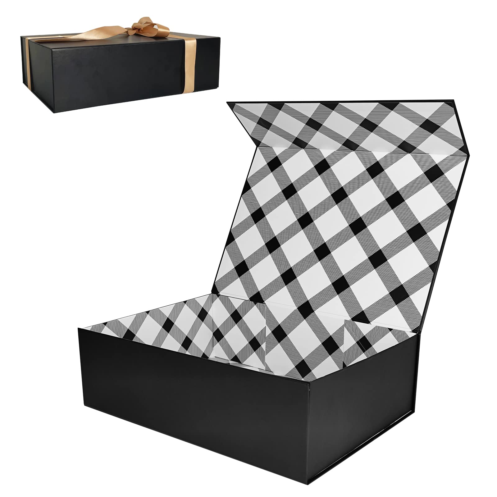 Tekhoho Black Large Gift Box 33x23.7x10 cm, Premium Present Box with Magnetic Lid and Ribbon for Holidays Wedding Birthday Gift Packaging, Plaid Lining
