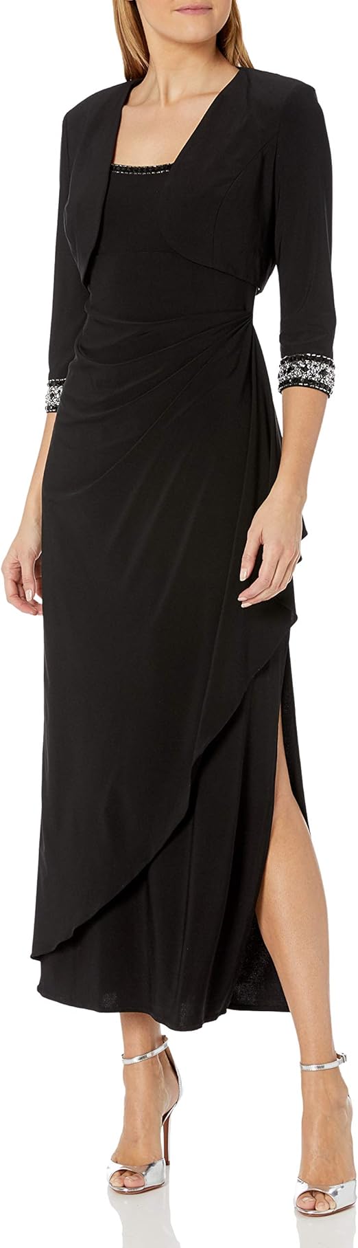 Alex Evenings Women's Long Empire Waist Bolero Jacket Dress with Beaded