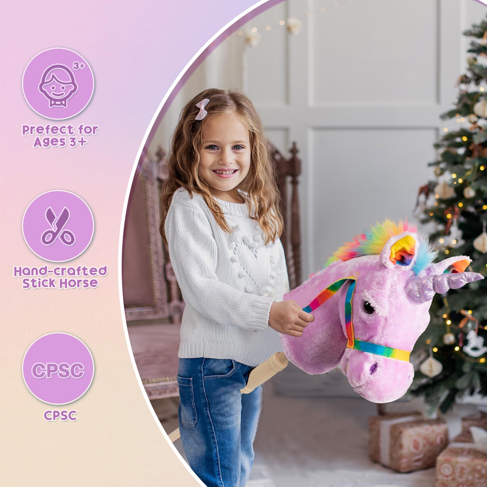 HollyHOME Unicorn Stick Horse Handcrafted Hobby Horse on a Stick with Wood Wheels Real Pony Neighing and Galloping Sounds Plush Unicorn Toy Purple 36 Inches(AA Batteries Required)