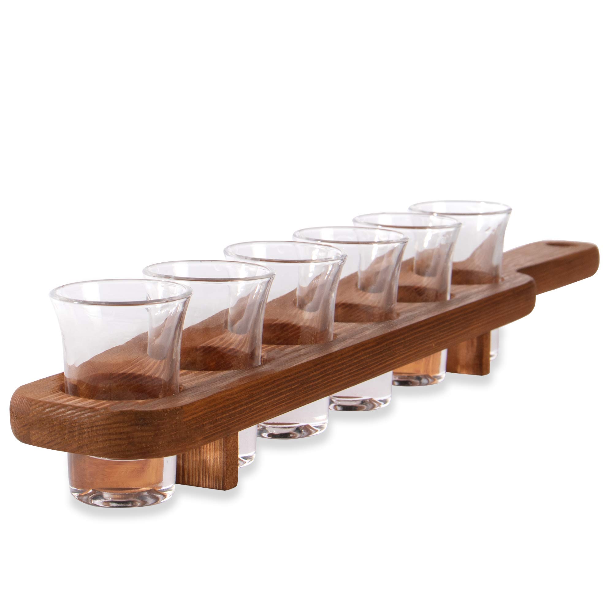 Maison & White Wooden Drinks Paddle with 6 Shot Glasses | Shot Glass Shelf Tray | 25ml Capacity | Set of 6 | Drinks Holder | Party Serving Tray | Wood Glass Rack | M&W