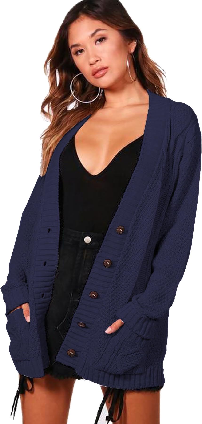 Womens Long Sleeve Chunky Cable Knitted Button Ladies Grandad Long Cardigan