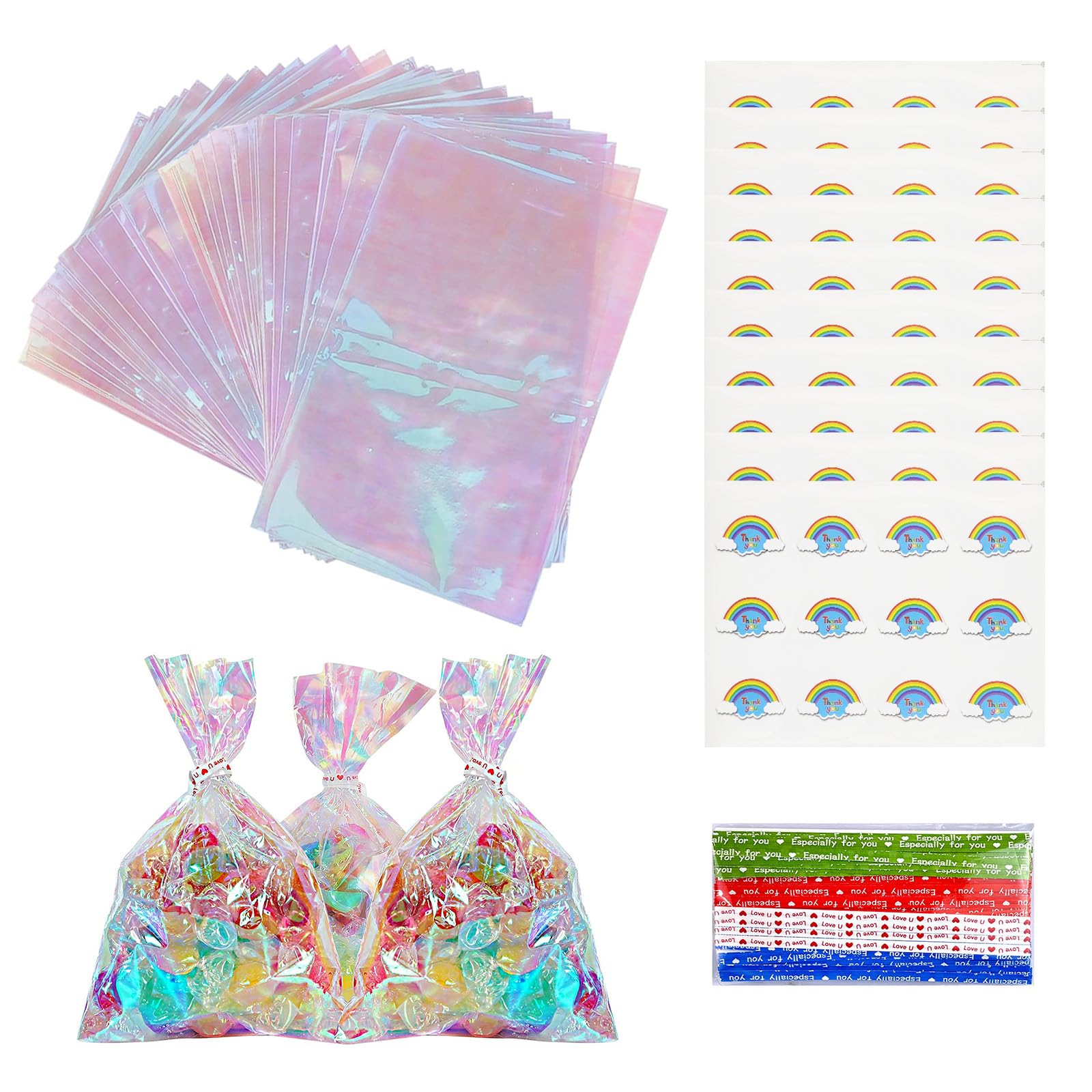 120pcs Small Clear Reusable Plastic Party Bags, 15.1cm x 10cm with Ties, Round Stickers, Flat Bottom, Ideal for Candy, Cookies & Sweets