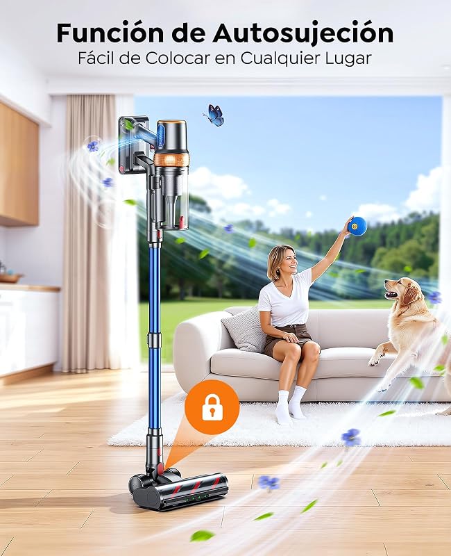 Aspirador sem fios 600W/50KPA, aspirador vertical de palanca 65 Mins autonomy com colchões, ecrã tátil, carregamento na parede, cabeça anti-emaranhado com LED, adequado para pisos/sofás/animais de estimação — foto 6 de 7