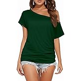 Buauty Womens Summer Off Shoulder Tops Casual Loose Short Sleeve T Shirts One Shoulder Tops Trendy Sexy Cute Tunic Tee Green