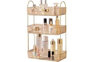 shuang qing Bathroom Counter Organizer Countertop Storage, Cosmetics Skincare Shelf Organizer, Makeup Organizer Perfume for Dresser Vanity Tray, Spice Rack Organizer for Kitchen (3 Tier-Gold)