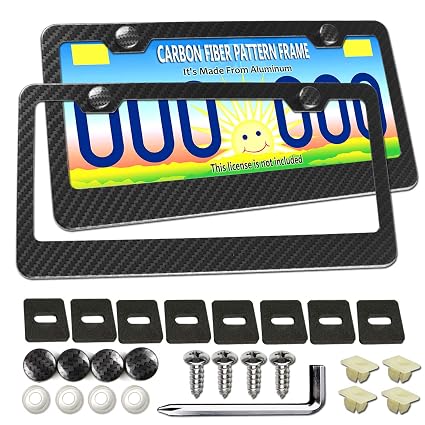 License Plate Frame Carbon Fiber 2pcs Black 2 Holes Aluminum Plate Frame Printed Carbon Pattern With Black Screw Carbon Caps And Stainless Steel