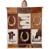 Erosebridal Western Cowboy Fleece Throw Blanket Throw 50"X60" Rustic Horse Cowboy Gifts for Kids Boys Men Women,Farmhouse Cowhide Sherpa Blanket West Country Cow Print Fuzzy Blanket for Bed Brown