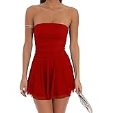 GOKATOSAU Women's Summer Ruffle Hem Sheer Mesh Strapless Tube Bodycon Ruched Flowy Mini Dress