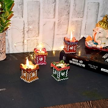 Perpetual Tulsi Diya for Diwali Decoration Handmade Earthen Clay Terracotta Decorative Diya 4 Pcs Set Tealight Candle Festival Diya Oil Lamps.