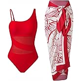SNYBRECE Women’s One Piece Swimsuit with Skirt Mesh Slimming Retro Bathing Suit Set with Wrap Cover Up
