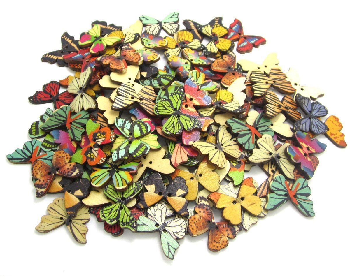 NAMVO 100PCS Butterfly Button 2 Holes Colorful Wooden for DIY Sewing Scrapbooking Crafts