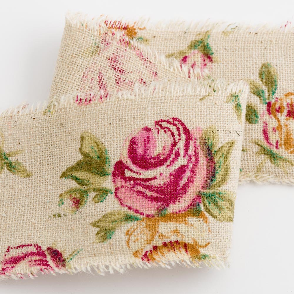 Italian Options Vintage Rose Floral Print Hessian Burlap Extra Wide Ribbon - 70mm x 10M