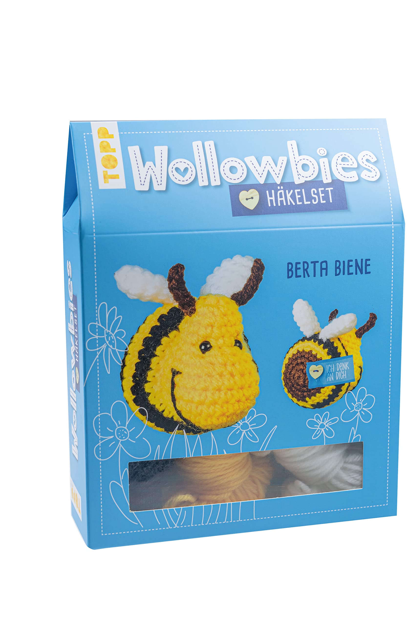 Wollowbies Häkelset Biene: Anleitung und Material für eine Biene zum Selber-Häkeln. Mit Holzknopf und Stofflabels zum Individualisieren. Fertiges Modell ca. 7 cm