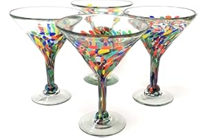 Dos Sueños Mexican Hand Blown Glass – Set of 4 Hand Blown Modern Margarita Glasses - Confetti Carmen (12 oz)