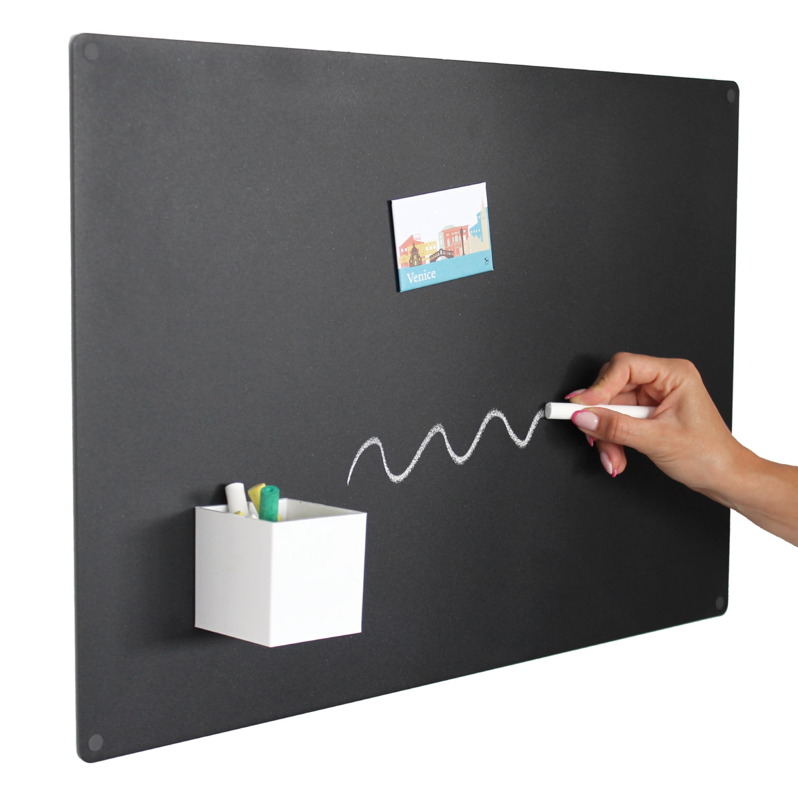 KalaMitica - Magnetic Chalkboard for Wall - Black Steel Chalk Board, Writable with Chalk and Erasable, Magnet Board for Fridge Magnets - Anthracite Black, 56x38 cm