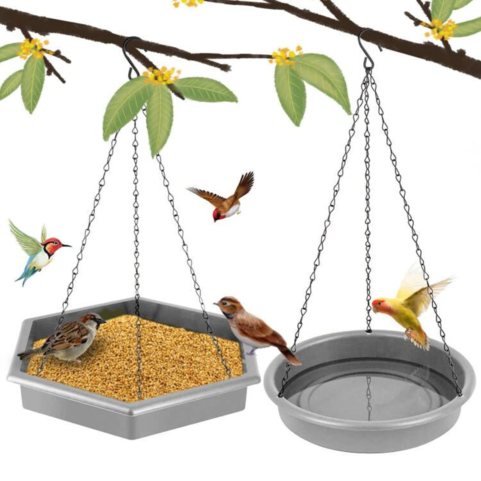 Hanging Bird Bath Bird Feeders, 2 in 1 XL Hanging Bird Feeder & Bird Baths for Outdoors, Wild Bird Feeders Hanging Bird Feeder Tray (Grey)
