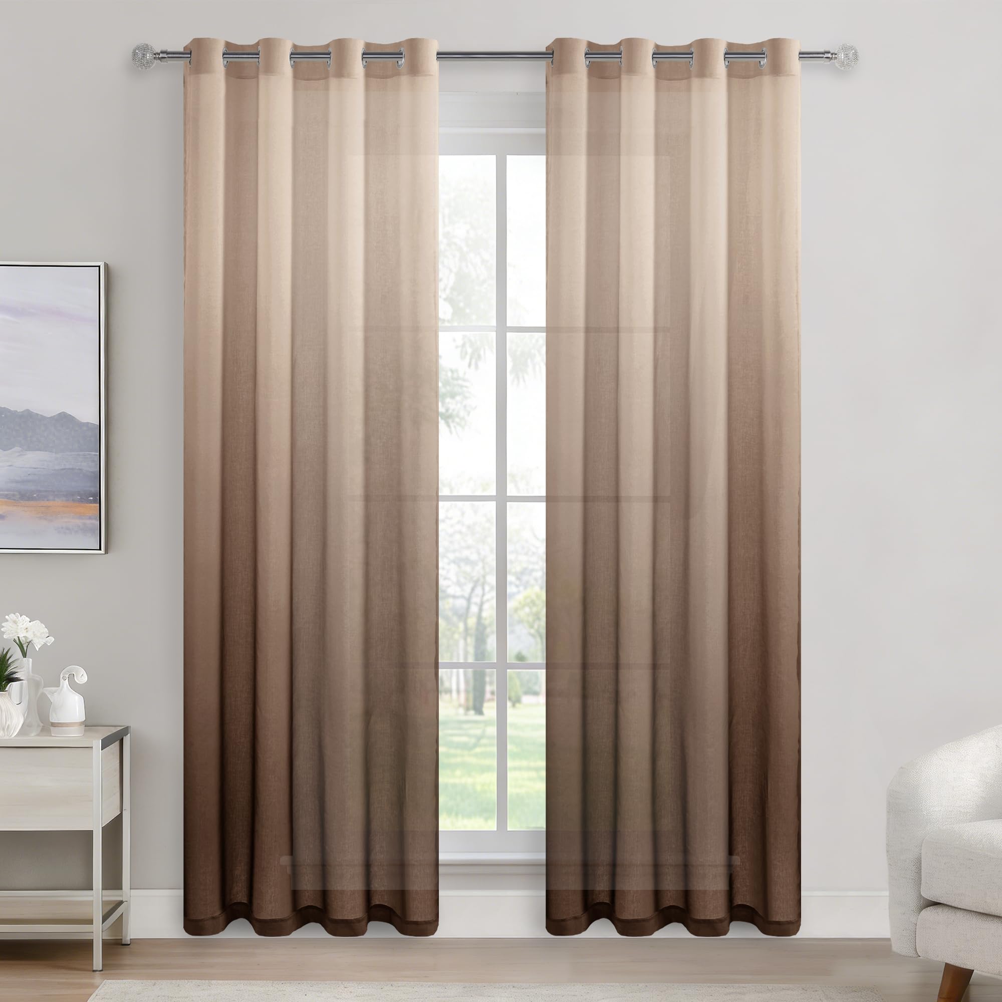 DWCN Voile Curtain Brown Gradient Curtains for Living Room Net Curtains for Windows Sheer Bedroom Crurtains Eyelet Set of 2, 55 x 84 Inches