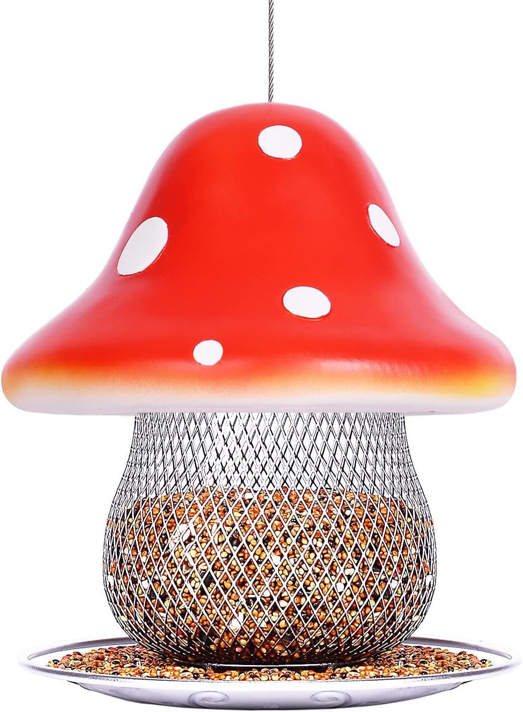 Backyard Birding & Wildlife - Red Mushroom Solar Bird Feeders - Outdoors Hanging, Color Changing Solar Garden Lantern, Metal Wild Bird Feeder for Cardinals Bird Seed Feeder 3.5LBS Capacity birdfeeders is Gift for Bird Lovers.