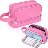 Alyvisun Large Capacity Pencil Case 3 Compartments Pink with Handle