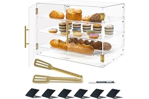 KONOTE 3 Tray Bakery Display Case for Commercial Countertop, 21" x 16" x 14" Acrylic Pastry Display Case with Magnetic Rear Doors & Removable Trays for Desserts Bread Donut Bagels