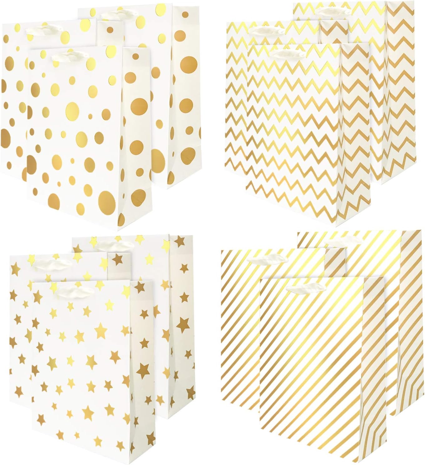 UNIQOOO 12Pcs Assorted Gold Foil Metallic Gift Bags Bulk Ribbon Handle