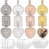 PH PandaHall 24pcs Rhinestone Bezel Pendant Tray 4 Colors Necklace Pendant Trays, Include 12pcs Round Rectangle Heart Pendant Trays and 12pcs Glass Cabochons for Photo Jewelry Making