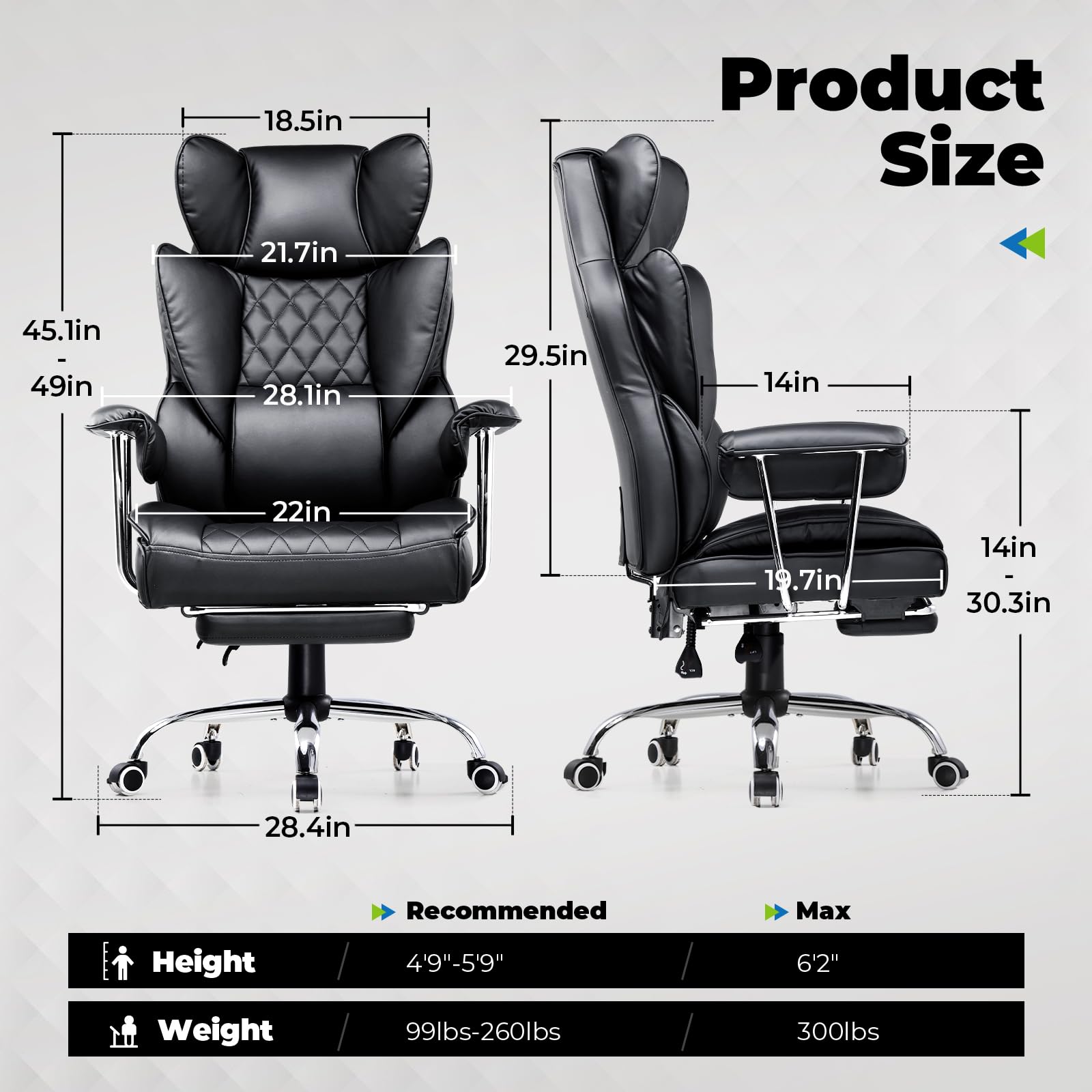 COMHOMA Big and Tall Office Chair, High Back Leather Gaming Chair with Footrest, Executive Ergonomic Office Chair with Pocket Spring Lumbar Support and with Outward Fixed Soft Armrests - Image 8