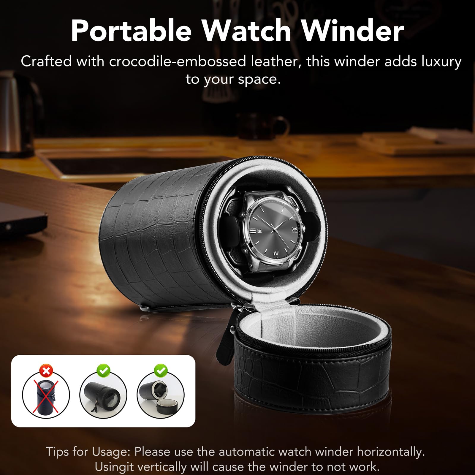 Single Watch Winder for Automatic Watches – Silent Motor, Battery and AC Adapter Powered, 2 Rotating Modes, Portable Watch Winders with Acrylic Window – Automatic Watch Winder Box for Men & Women