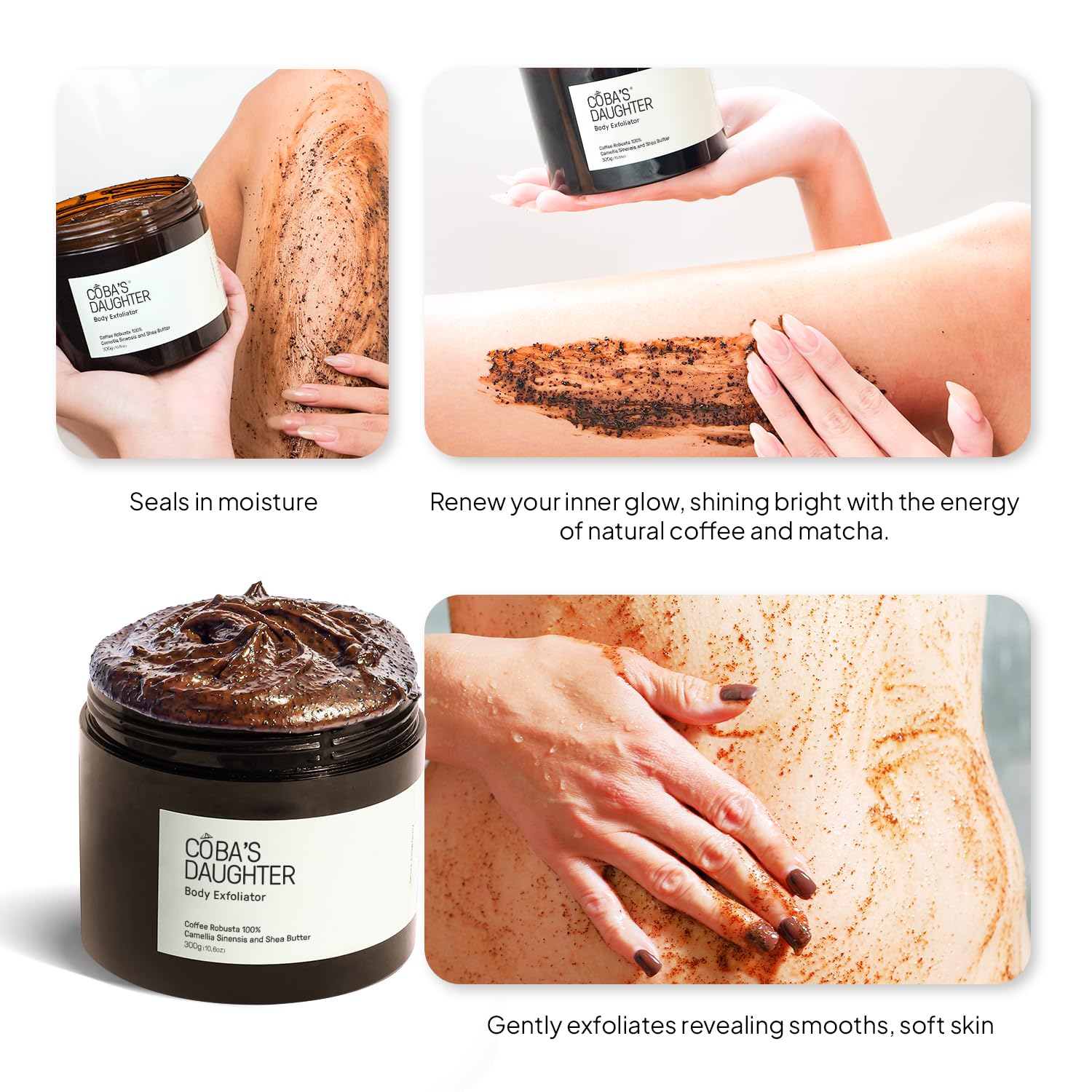 Robusta Coffee Body Scrub| Exfoliating for Cellulite and Stretch Marks, KP Bump Eraser, Strawberry Legs,Underarm | Matcha & Shea Butter | Safe for pregnancy | Vegan Beauty (10.6 Oz)