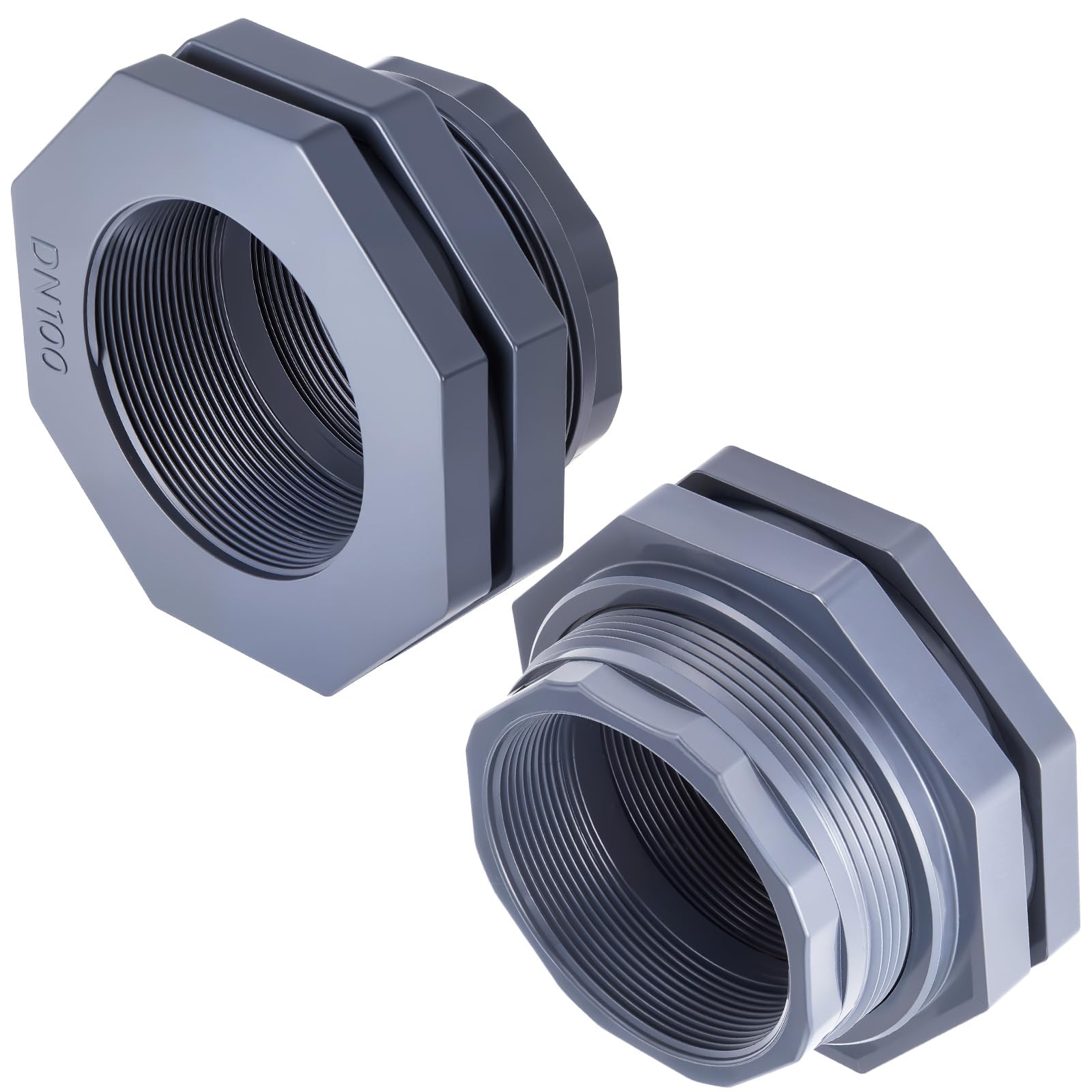 Photo 1 of Maasechs 2 Pcs 4 Inch PVC Bulkhead Fitting Water Tank Connector Plumbing Bulkhead Pipe Fitting NPT for Rain Barrels, Aquariums, Tubs, Pools