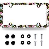 Sugar Skull License Plate Frame Skull and Flowers License Plate Stainless Steel Auto Parts Funny License Plate Decorative with Screws Size 12.3