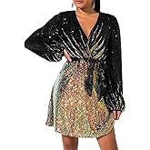 828 - Plus Size Long Sleeves Wrapped V Neck Sequins Skater Style Cocktail Evening Club Dress