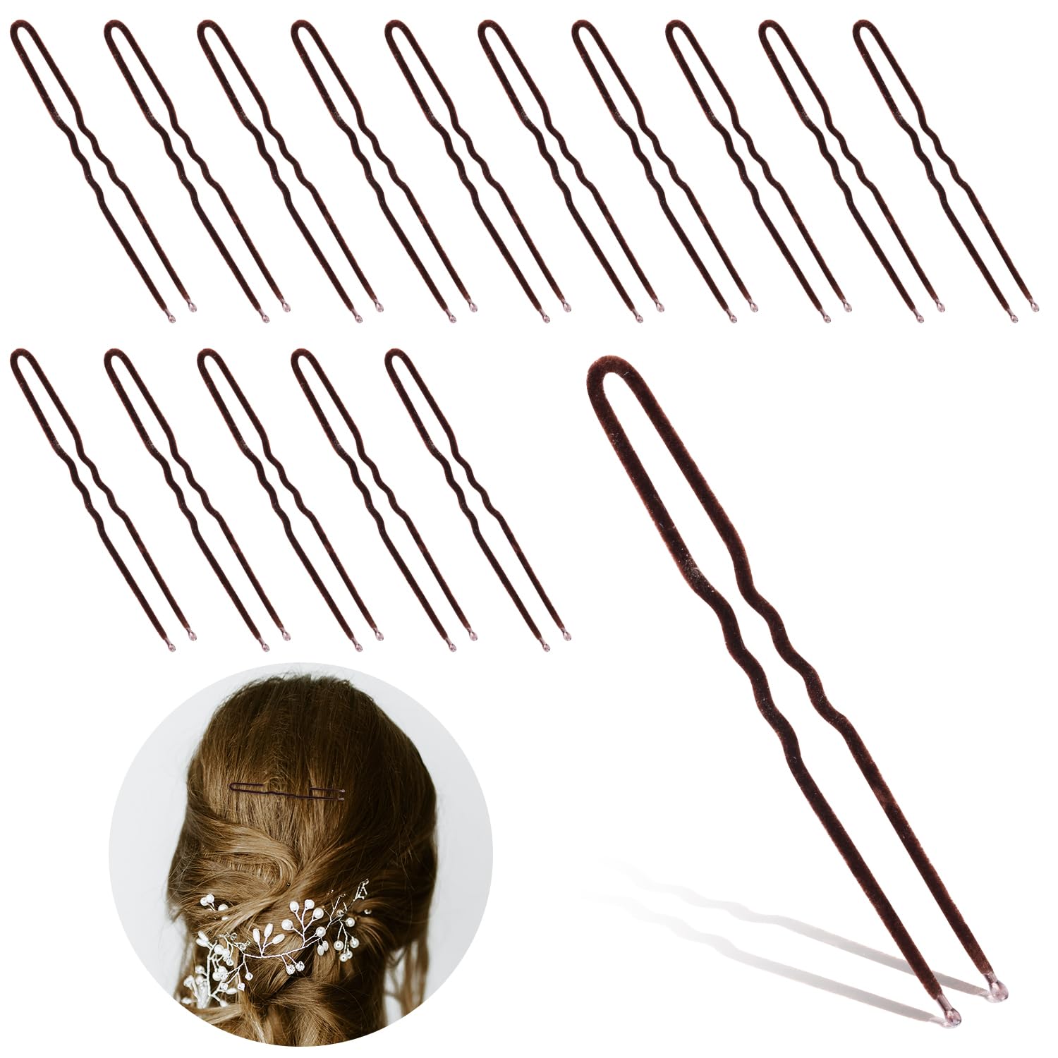 50pcs 3inch U Shaped Hair Pins, Soft Flocked French Twist Hair Pins for Buns French Style Waved U Shaped Bobby Pins Hairstyles Women Girls Wedding Salon (Brown)